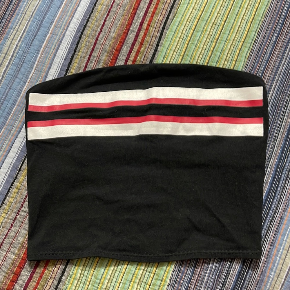 Pink victoria secret black tube crop top with red and white stripes.